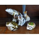 Five Royal Crown Derby paperweights with silver stoppers