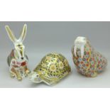 Three Royal Crown Derby paperweights with gold stoppers including Indian Star Tortoise