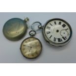 A silver cased English lever pocket watch, lacking glass and hands,
