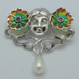 An Art Nouveau style brooch with pearl drop