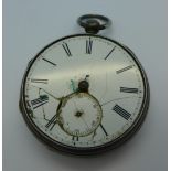 A silver fusee pocket watch, lacking hands and crystal,
