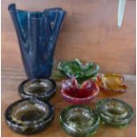 Eight pieces of Whitefriars glass including a handkerchief vase and bubble controlled bowls