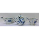 An early English blue and white teapot, spout a/f,