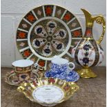 A Royal Crown Derby plate, ewer a/f, two cups and saucers and a dish,