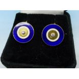 A pair of gold, diamond and enamel screw back earrings, made from two gentleman's buttons,