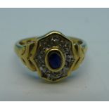 A 9ct gold, sapphire and diamond ring, 3g,