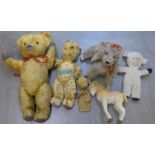 Five soft toys and a Sooty puppet,