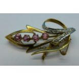 A 9ct gold, diamond and pink stone brooch, 4.