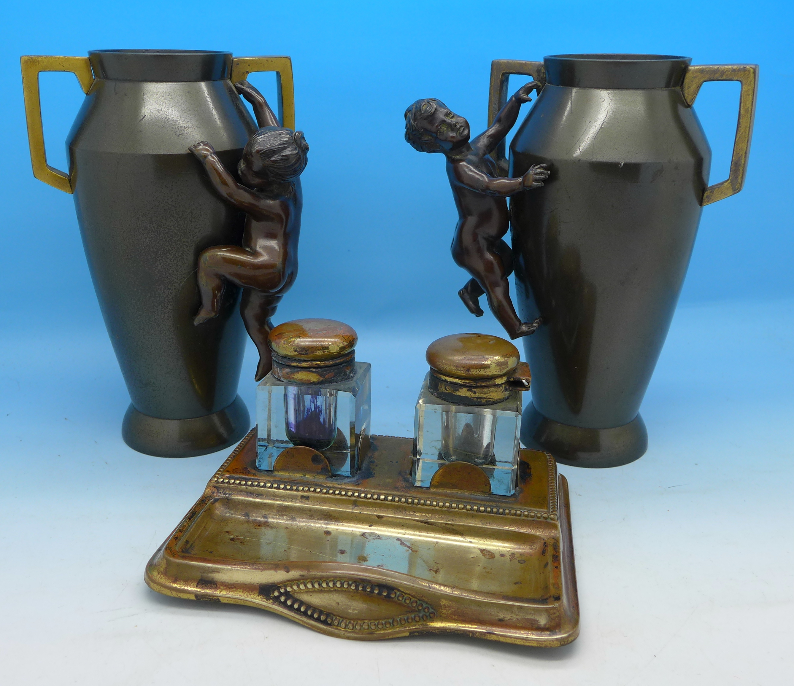 A pair of bronze vases and an inkwell, height of vases 15cm,
