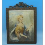 A bronze framed half portrait watercolour on ivory of a lady in an ermine mink cloak,