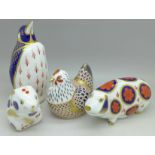 Four Royal Crown Derby paperweights including Emperor Penguin
