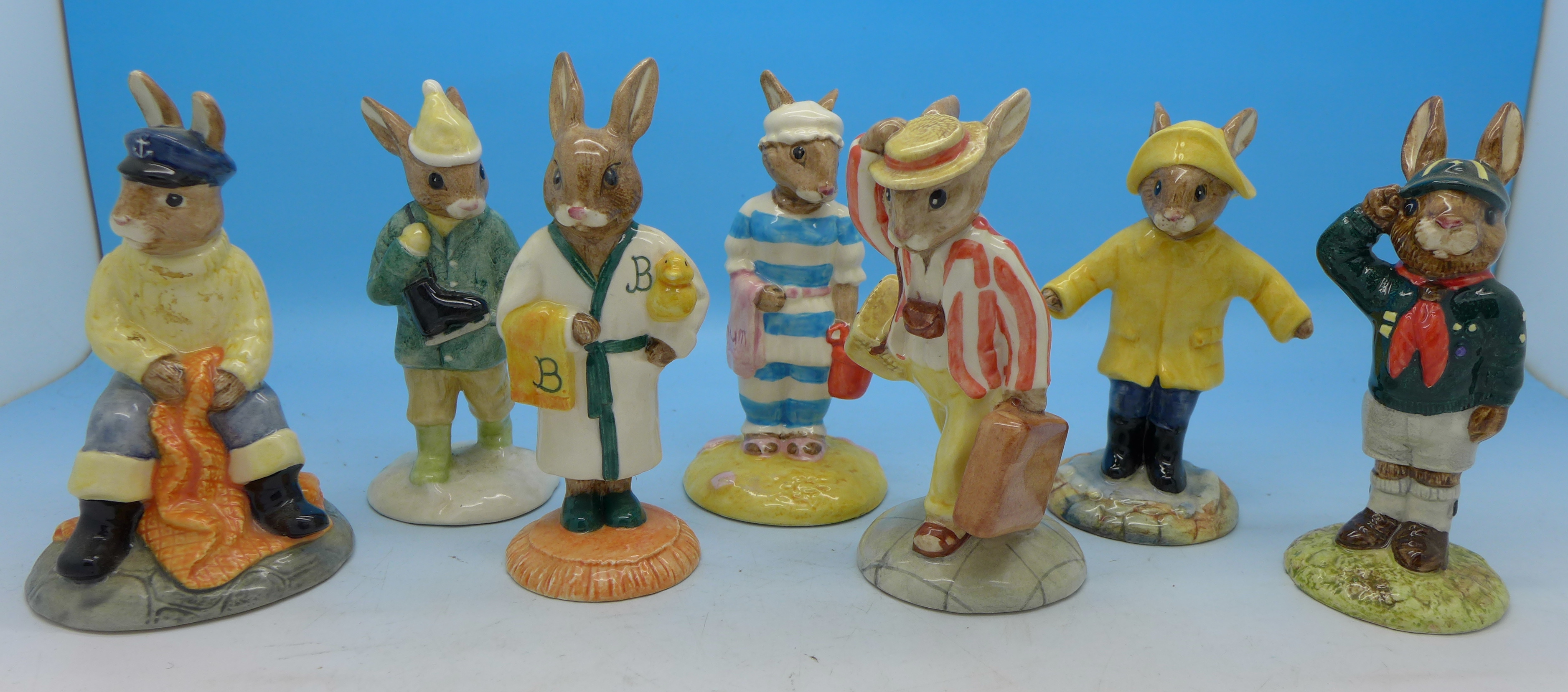 Seven Royal Doulton Bunnykins figures including Father Bunnykins,