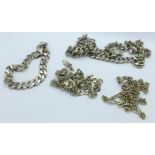 A silver necklace lacking fastener, a silver bracelet, 62g,