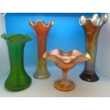 Three pieces of Carnival glass and a green iridescent glass vase, height green vase 19.