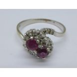 An 18ct white gold, white stone and ruby double cluster ring, 5.