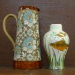 A Royal Doulton pearl glazed fish vase and a Doulton Lambeth jug with applied decoration, 14.