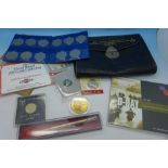 A Masonic case and medal, assorted proof coins, etc.