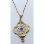 A 9ct gold and amethyst pendant on a 9ct gold chain, 2.