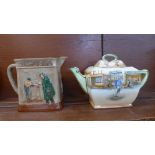 A Royal Doulton Dickens Series ware teapot and lid and a relief moulded 'Oliver Asks For More' jug