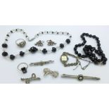 Silver jewellery, a marcasite cocktail watch, two bead necklaces, etc.