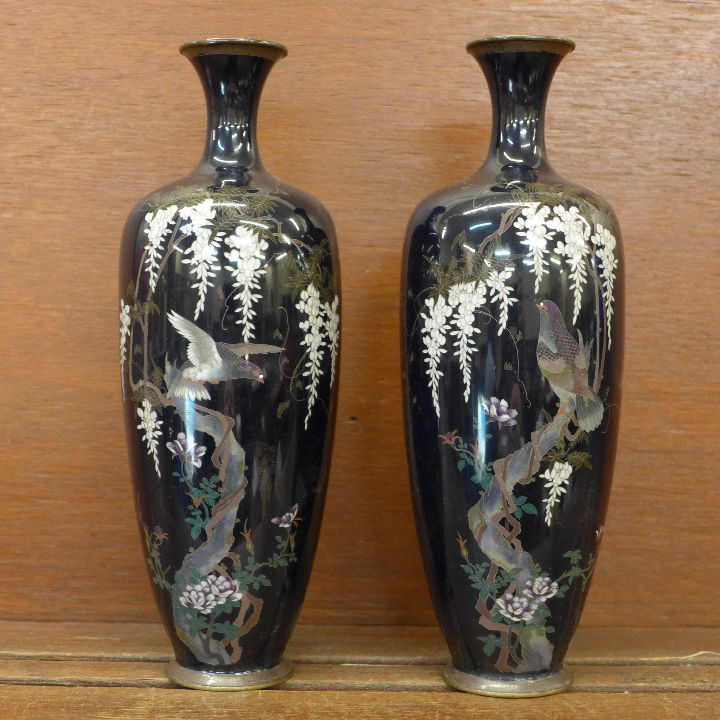 A pair of Japanese cloisonne vases decorated with wisteria and Japanese wood pigeons, both signed,