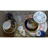 Two Royal Crown Derby plates, a cup, other china, a glass tankard, etc.