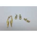 Three pairs of 9ct gold earrings, 3.