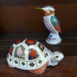 A Royal Crown Derby kingfisher and turtle paperweight,