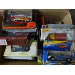 A box of die-cast vehicles including Matchbox Maisto, EFE,