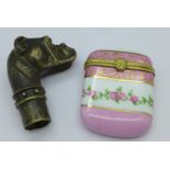 A boxer dog walking cane top and a lady's card case or match holder (2)
