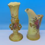 A Royal Worcester blush ivory jug and posy vase, a/f,
