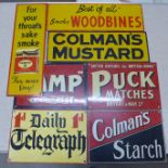 Seven reproduction metal signs, Woodbines, Craven A, Colman's Mustard, etc.