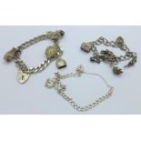 Three silver charm bracelets,