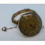 A yellow metal pocket watch with plated strap (conversion),