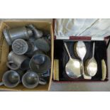 A collection of pewter and a plated dressing set