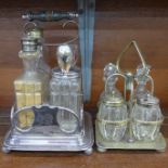 Two four bottle cruets, one preserve with silver top,