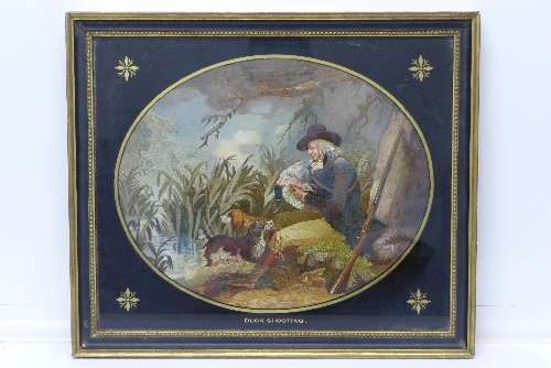 A Regency oval silkwork embroidery, Duck Shooting,