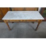 A Victorian Gothic Revival inlaid walnut and marble topped washstand,