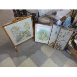 An embroidered fire screen and assorted pictures