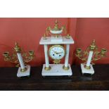 A 19th Century French white marble and ormolu clock garniture, the movement signed Japy Freres,