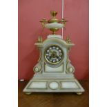 A 19th Century French alabaster mantel clock, movement signed Japy Freres,