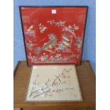 Two Chinese silk and gold thread embroideries,