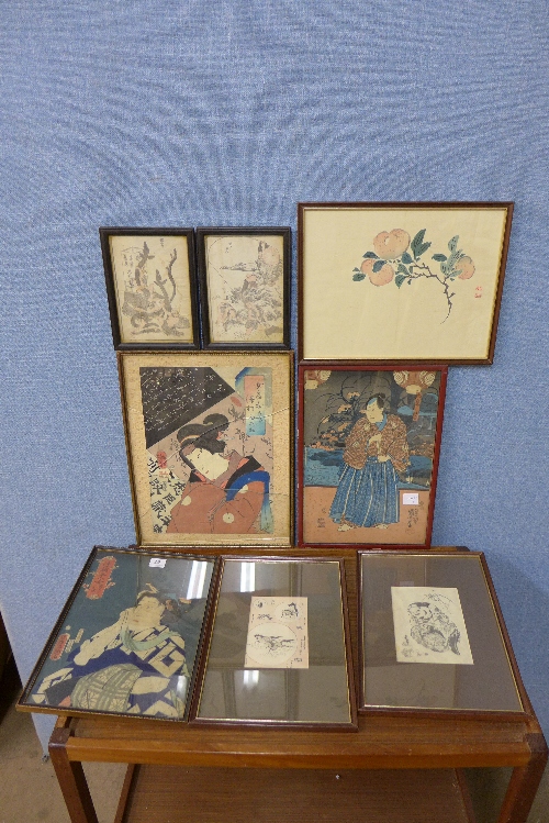 Three Japanese wood block prints and others