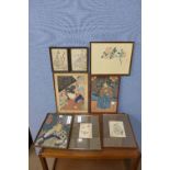 Three Japanese wood block prints and others