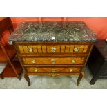 A French Louis XV style inlaid kingwood and marble topped commode