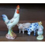 A figure of a rooster, pig and cow parade and a Beswick Beatrix Potter figure,