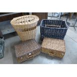 A wicker laundry basket,