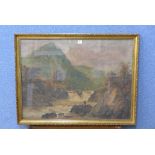 Follower of John Varley, extensive river landscape with a fisherman, watercolour,