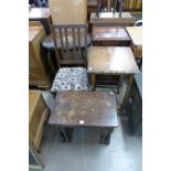 An oak nest of two tables, Victorian mahogany pot cupboard, oak barleytwist occasional table, etc.