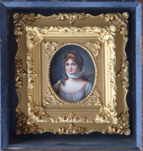 An early 19th Century portrait miniature of a lady, oval quarter length, on porcelain, 8. - Image 2 of 2